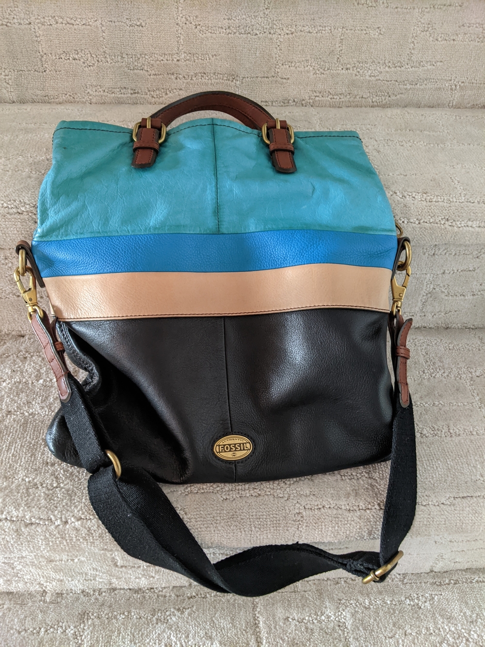 Fossil Colorblock Leather Messenger Bag - Turquoise, Blue, Beige, Black
